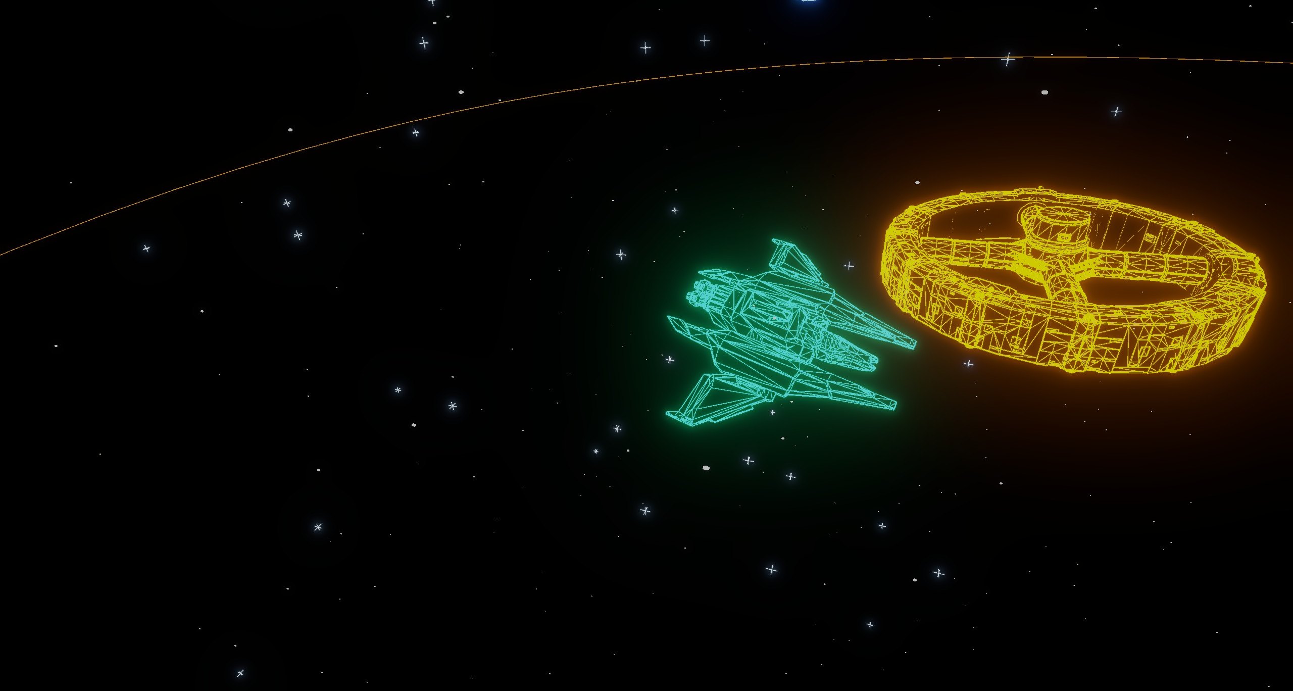 A frame approaching a wireframe ring station